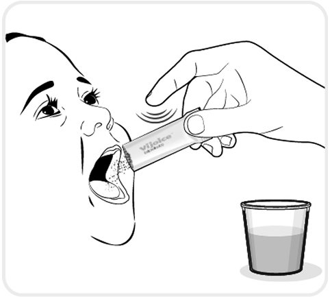 figure B_oral granules – a child receiving oral granules directly onto the mouth from the packet