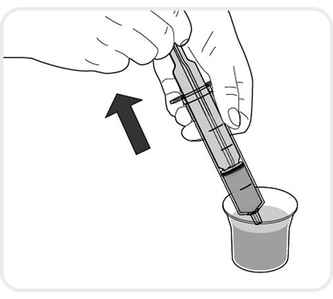 figure f_tablets and granules – a hand pulling liquid medicine from the cup into an oral syringe