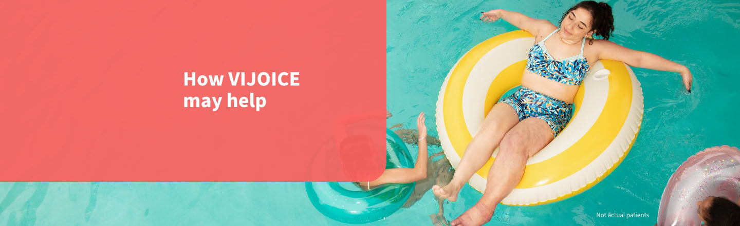 Image showing a teenage girl floating in pool with her friends swimming around her. Text on image says “How VIJOICE may help.”