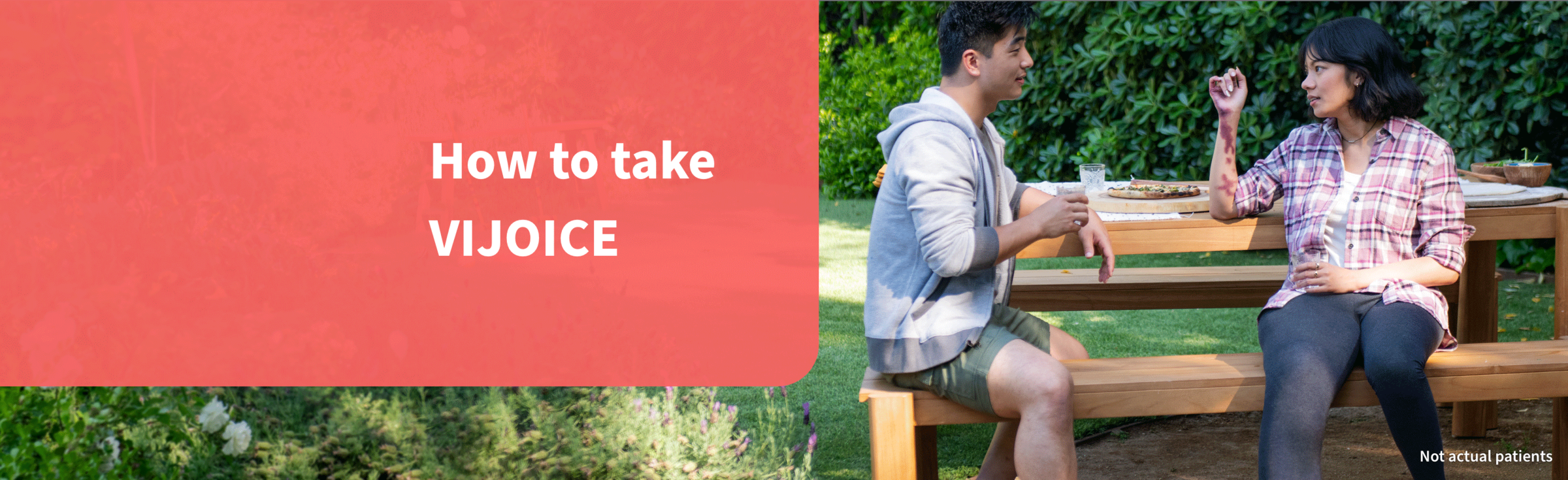 Image showing woman and man laughing outside at table. Text on image says “How to take VIJOICE.”