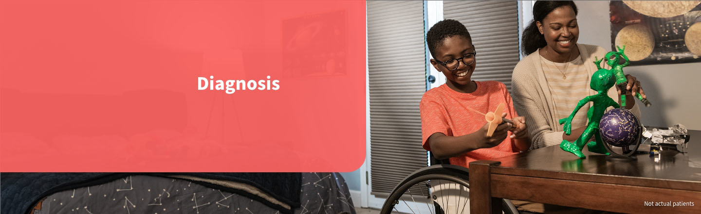 Image showing woman playing with her son. Text on image says “Diagnosis”